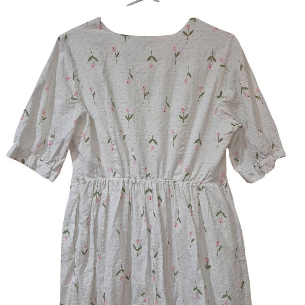 Sweet Salt Modest White & Pink Floral Midi Dress with Puff Sleeves - Size Medium - Picture 9 of 12